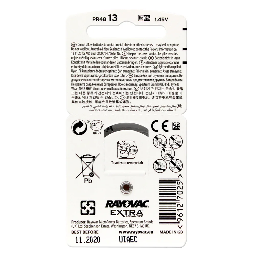RAYOVAC EXTRA 6 шт. цинковые батареи для слухового аппарата 13 A13 P13 PR48 батарейки BTE ITE