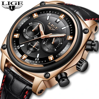 

LIGE Chronograph Men Watch Relogio Masculino Gold Leather Business Quartz Watch Clock Men Creative Army Military Wrist Watches