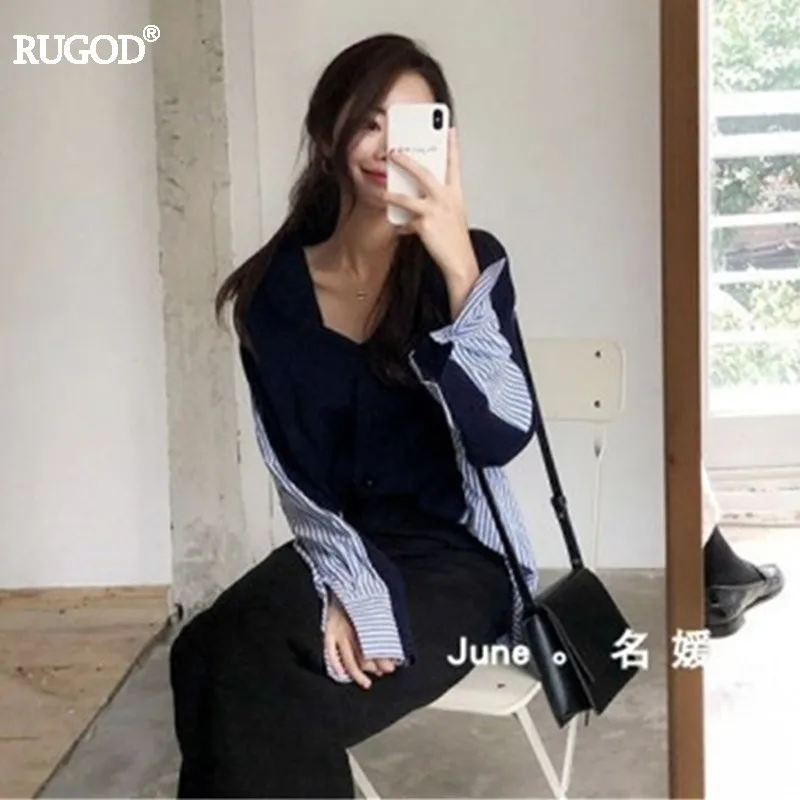RUGOD, модная рубашка, пэчворк, кардиган, женский, корейский, Повседневный, v-образный вырез, длинный рукав, ассиметричный свитер, Осень-зима, кардиган, блуза - Цвет: Черный