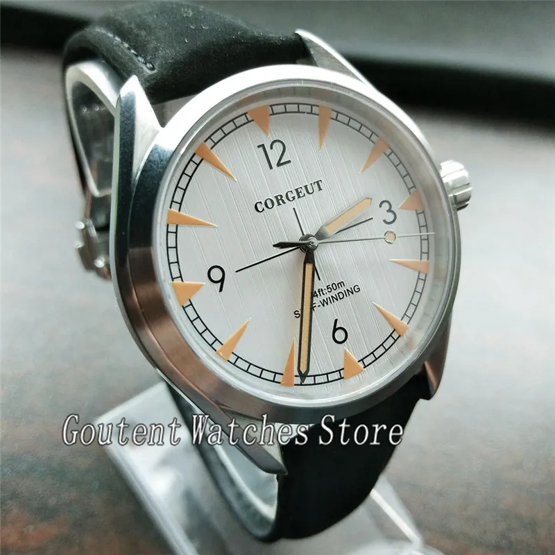 

41mm Corgeut White Dial Black Leather Band Automatic Men Watch 2754
