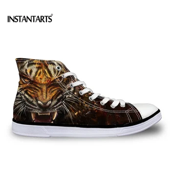 

INSTANTARTS Classic Men Canvas Shoes Cool Animal Tiger Printed Round Toe Lace-up Man Boy High Top Shoes Flat Brown White Shoes