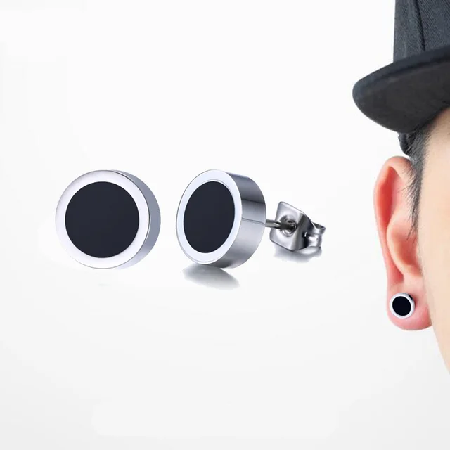 Men Earrings Stainless Steel Black Blue White Stud Of Round Men Earrings Stainless Steel Black Blue White Stud Of Round Tunnel Plug Post 8mm Uni