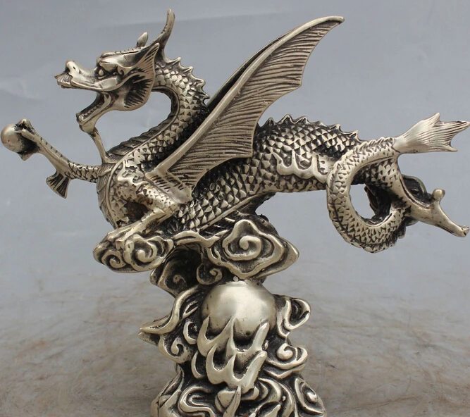 

10" Chinese Silver Fengshui Doughty Animal Flying Dragon Ball Animal Base Statue S0708 Discount 35%