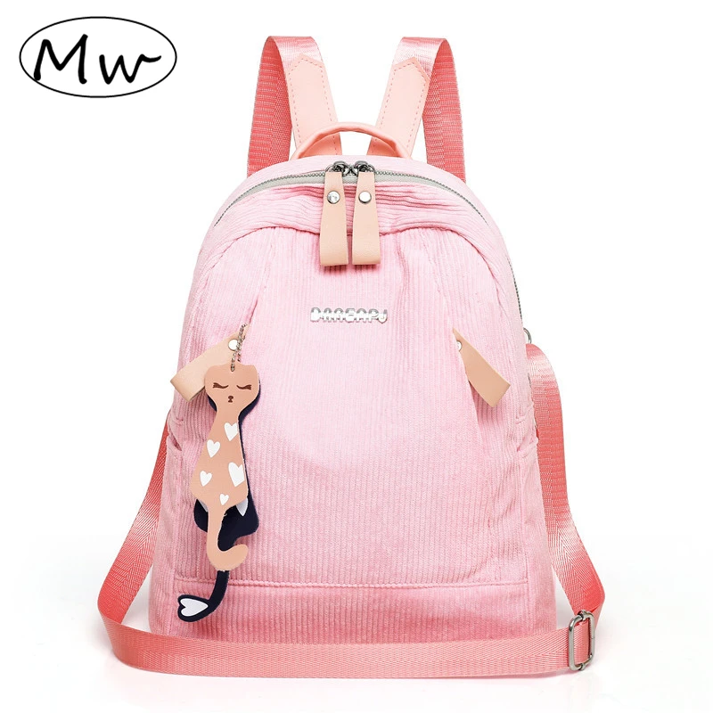 

Cat pendant corduroy backpack With headphone jack casual solid color lightweight backpack students school bag travel backpack