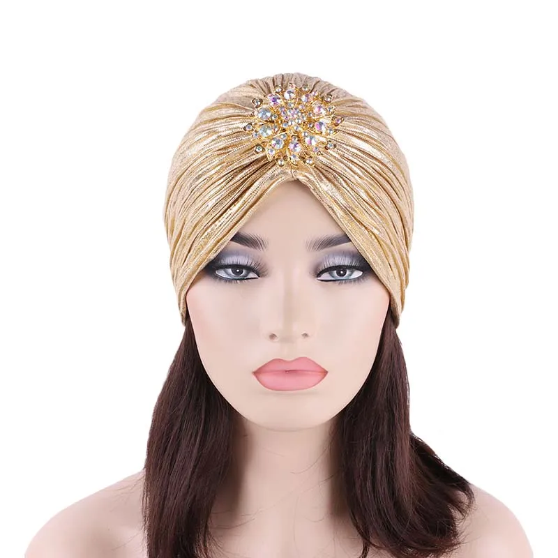 New Fashion Ladies Gold Silver Diamond Jewel Turban Hats For Women Chemo Bandana Hijab Pleated Indian Cap Turbante Hat women fashion tassel scarf plain solid headband crinkle plain shawls hijab wrinkle muslim sjaal pleated glitter woman s scarves