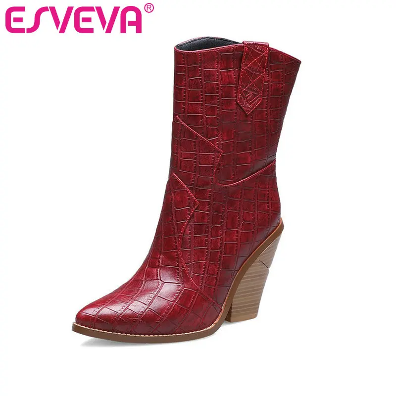 

ESVEVA 2020 Women Shoes Winter Ankle Boots Slip On Square High Heel Motorcycle Fashion Pointed Toe Platform Boots Size 34-43