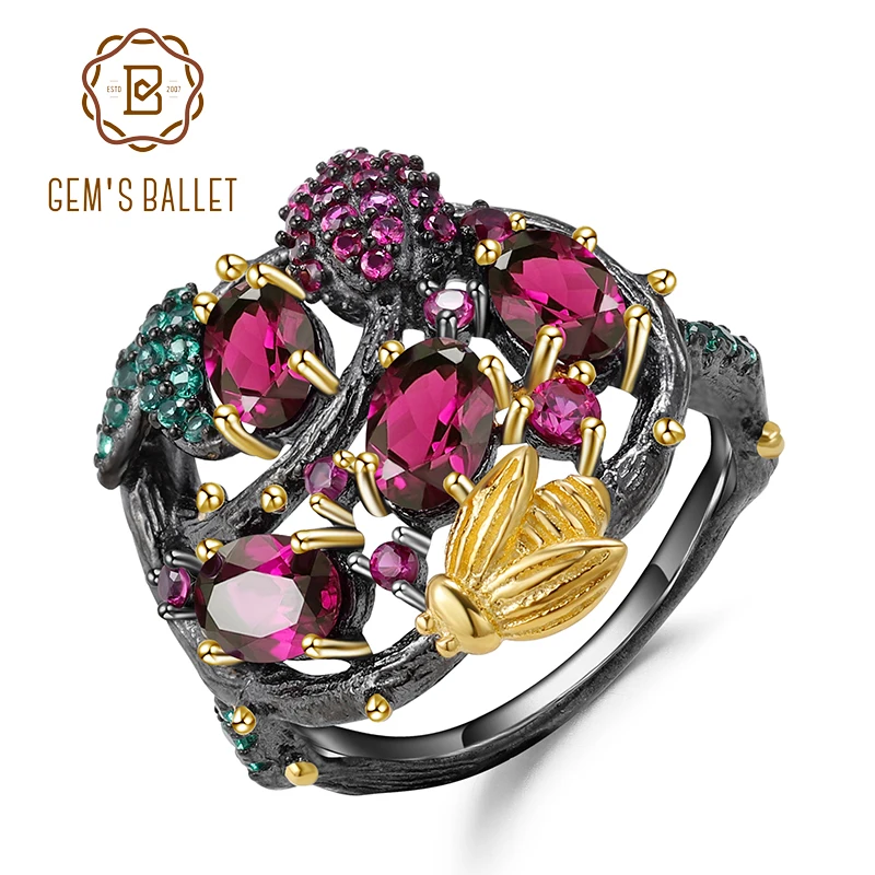 GEM'S BALLET Natural Rhodolite Garnet Gemstone Ring 925 Sterling Silver Handmade Gold Bee on Branch Rings for Women Fine Jewelry GEM'S BALLET Natural Rhodolite Garnet Gemstone Ring 925 Sterling Silver Handmade Gold Bee on Branch Rings for Women Fine Jewelry