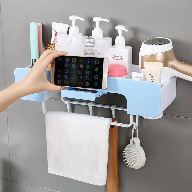 

Multifunction Shelves Bathroom Storage Rack Bathroom Punch-Free Powerful Wall-Mounted Wash Shelf Hook Toothbrush Organizer box