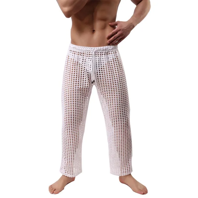 Для мужчин пикантные See Through Lounge брюки для девочек модный бренд ажурные Sheer Длинные пижамные штаны - Цвет: Белый
