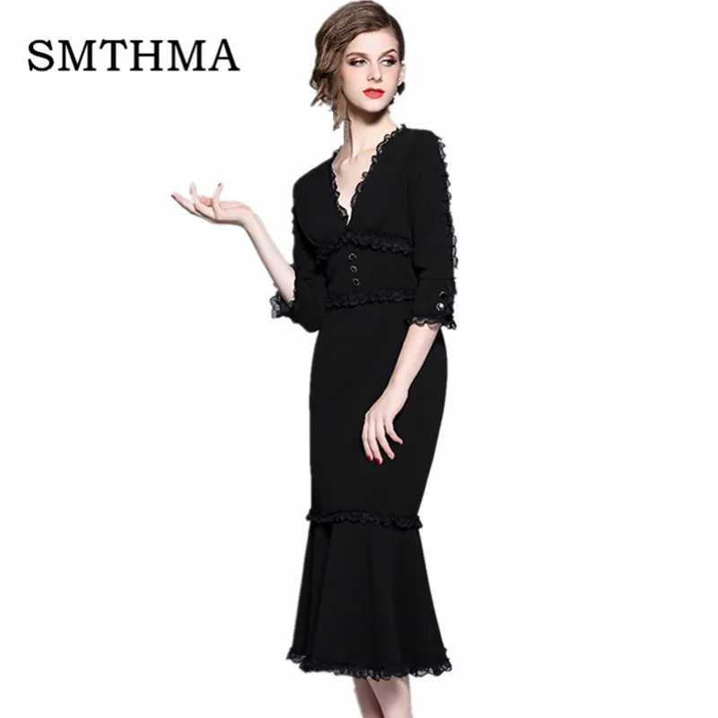 

2019 New Fashion Runway Autumn And Winter Dress Women's V-Neck Vintage Black Lace Patchwork Sexy Mermaid Party Dress