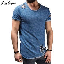 LeeLion летняя хлопковая Футболка Мужская модная футболка с дырками и коротким рукавом Однотонная облегающая футболка с круглым вырезом Повседневная футболка Прямая поставка