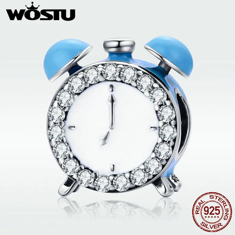 WOSTU настоящий 925 пробы Серебряный будильник синяя эмаль CZ Шарм подходят браслеты
