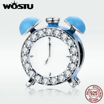 

WOSTU Genuine 925 Sterling Silver The Alarm Clock ,Blue Enamel CZ Charm fit Beads Bracelet Bangles DIY Jewelry Gift DXC659