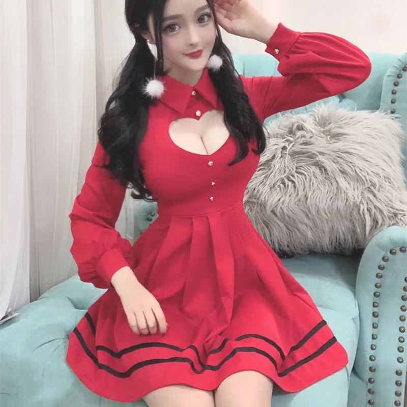 

Fashion Sexy Women Summer Dress 2018 Temperament Long Sleeve High Waist Lapel Love Hollow Mini Party Dress