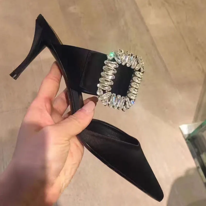 

Solid Silk Satin High Heels Crystal Buckle Women Mules Pointy Toe Brand Design Spring Summer Pumps Slip On Slipper Sandals