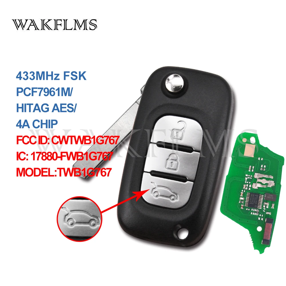 

3 Buttons 433MHz PCF7961M HITAGS AES 4A Chip Remote Flip Key For Renault Megane III Twingo CWTWB1G767 17880-FWB1G767