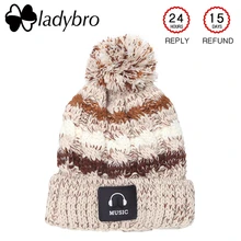 Ladybro теплая шапка с помпонами, Брендовая женская шапка, зимняя вязаная бархатная полосатая шапка Skullies для дам, модная музыкальная шапка для женщин
