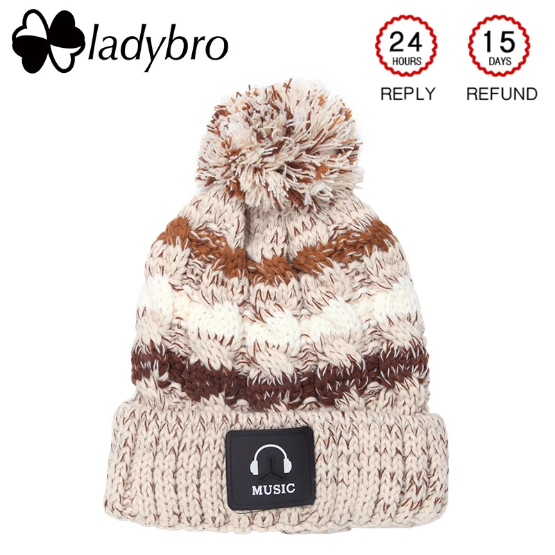 

Ladybro Warm Pom Pom Hat Brand Women Hat Winter Knitted Velvet Stripe Skullies Beanie For Ladies Fashion Music Hat Female