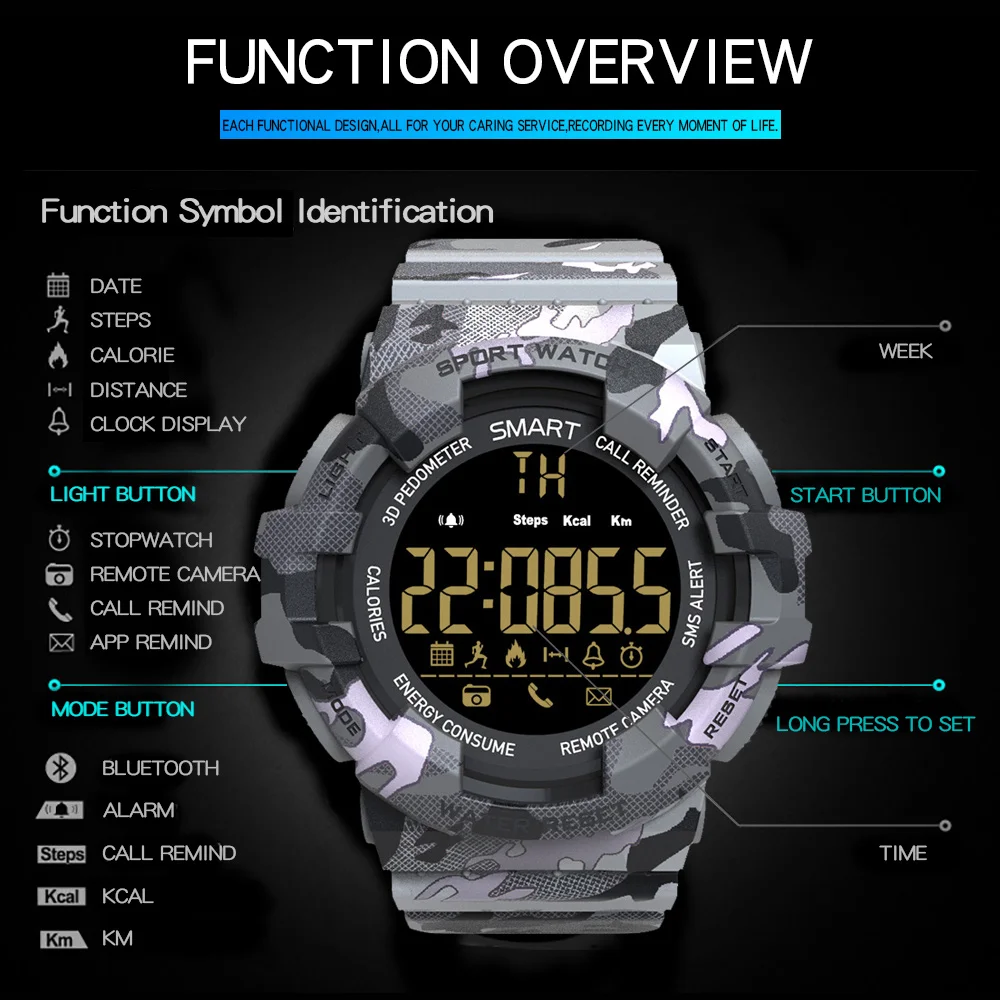 

Men Sports Watches Waterproof Swimming Military Watch Camouflage Smart Watchs Whatsapp Facebook App For IOS&Android Phone