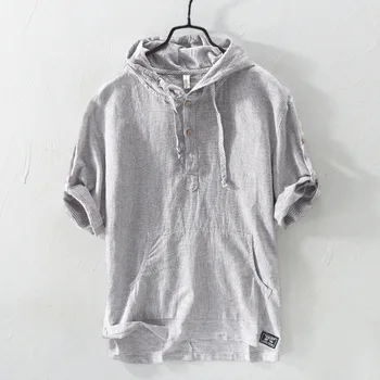 

Summer Fashion Men Shirts Hooded Collar Half Length Sleeve Linen Shirts Men Cotton Tee Pullover Japanese Casual Stripe Shirts