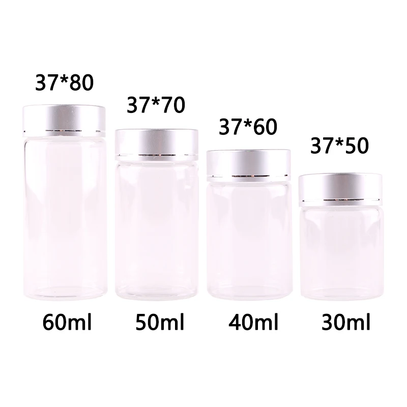 

24pcs Dia 37mm 30ml/40ml/50ml/60ml Transparent Glass Spice Bottles Jars Terrarium with Silver Aluminum Lid Wedding Gift Craft