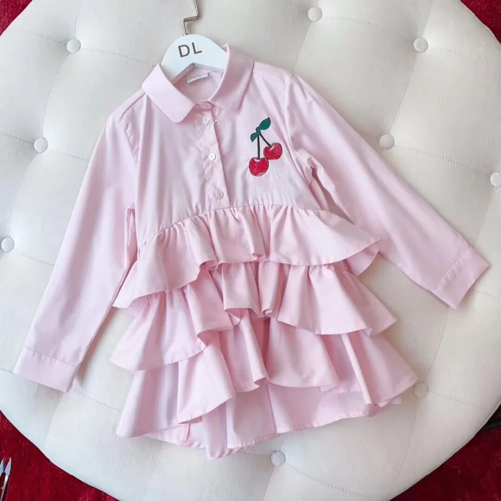 

2019 New Fashion Summer&Spring Pink Dress Baby Girls Long Sleeve Solid Dress for Girl Kids Boutique Dresses cherry