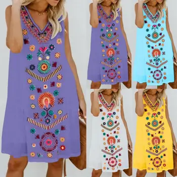 

Women Dress V-Neck Floral Print Boho Sleeveless Loose Confortable Evening Party Club Ladies Summer Dress