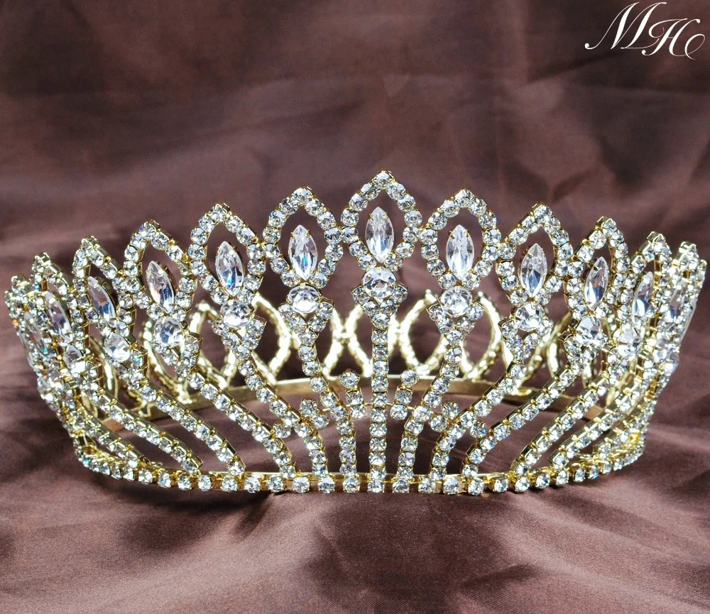 Fiore d'oro Pieno Rotondo Corona di Nozze Sposa Trasparente Con Strass Di Cristallo Grande Diadema Della Fascia Pageant Capelli Accessori di Gioielli