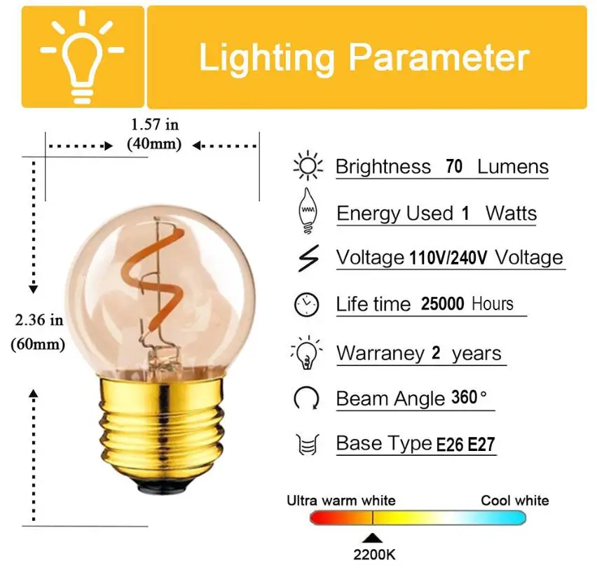 Золотой G40 мини-Глобус лампа 1 Вт 2200 K Edison Винтаж светодиодный спиральная нить лампочки E27 220 V E26 110 V светодиодная гирлянда, освещение с регулируемой яркостью - Испускаемый цвет: 2200K