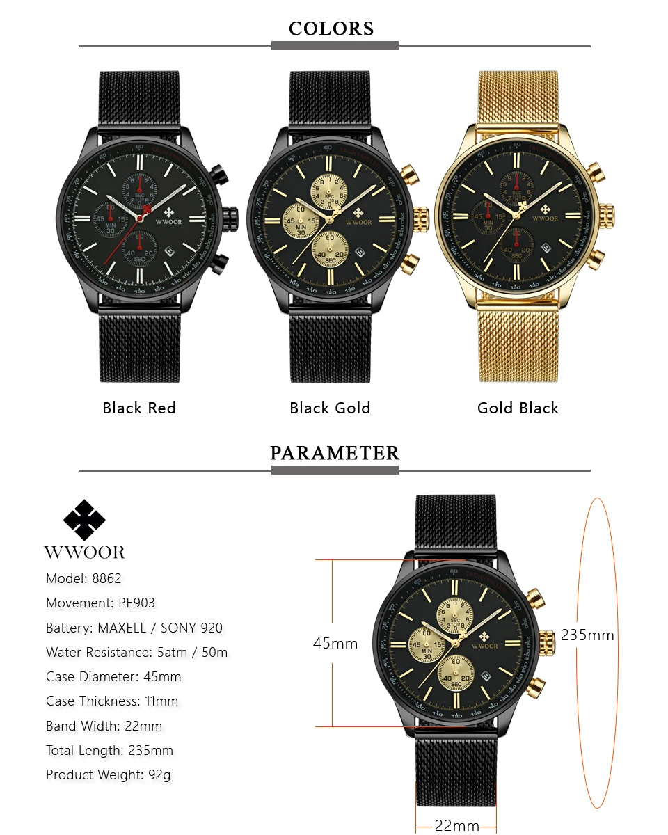 WWOOR Топ бренд класса люкс для мужчин s часы бизнес хронограф водонепроницаемый золото нержавеющая сталь спортивные мужские кварцевые наручные часы Мужские часы