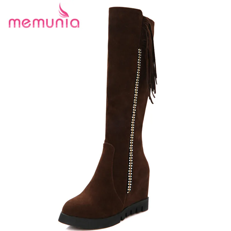 

MEMUNIA new arrive 2020 simple high heel fringe boots autumn winter short plush knee high boots round toe women boots size 33-43