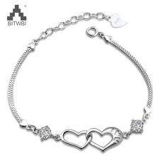 Новая мода натуральной 925 пробы Серебряный браслет для Для женщин сердце браслеты со стразами вечерние серьги-гвоздики