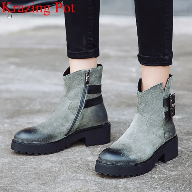 

Krazing Pot superstar genuine leather round toe mixed color ankle boots metal buckle straps square heel retro winter shoes L2f3