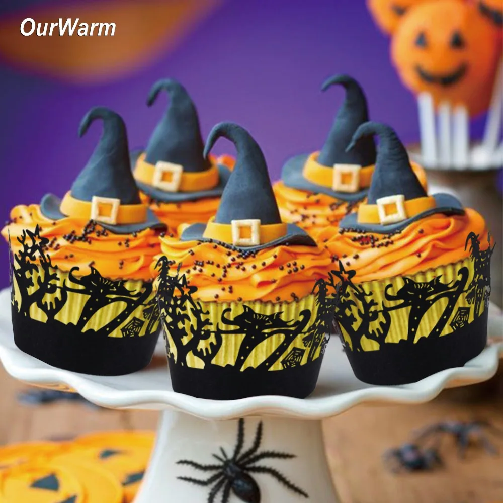 OurWarm 12 шт Хэллоуин Лазерная резка Кекс Обертка ведьма паутина замок бумажный Топпер на торт украшения-ужастики для хеллоуина реквизит