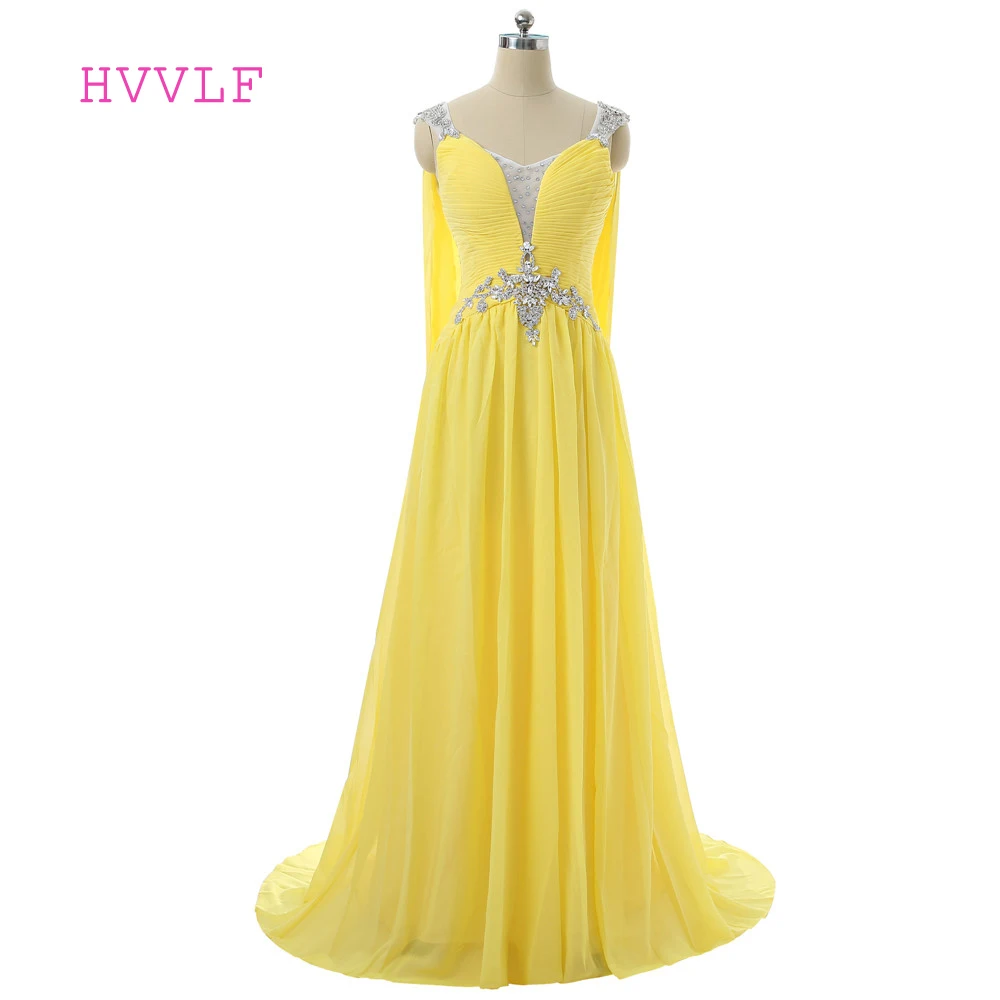 

Yellow Evening Dresses 2019 A-line V-neck Cap Sleeves Chiffon Crystals Open Back Long Evening Gown Prom Dress Robe De Soiree