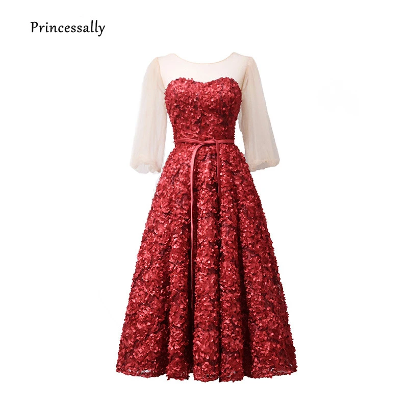 red lace tea length dress