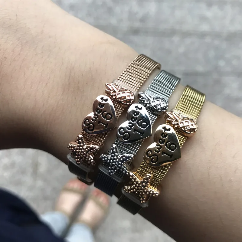 

SANSHOOR Jewelry New Brand Charms Sweet 16 with Pineapple Starfish for KIDs and Adults can fit 8mm Wide Mesh Bracelet