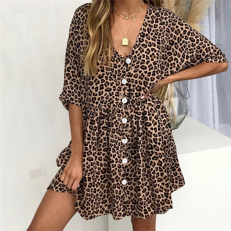 

Wuhaobo Leopard Print Mini Casual Loose Dress Women Front Button Half Sleeve Boho Dress 2019 V Neck Sexy Summer Dress Vestidos