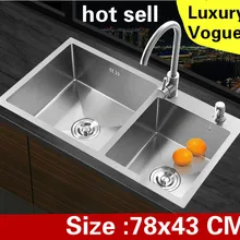 Квартиры Роскошные мыть овощи 304 нержавеющая сталь кухня ручная раковина двойной паз Горячая 780x430 мм