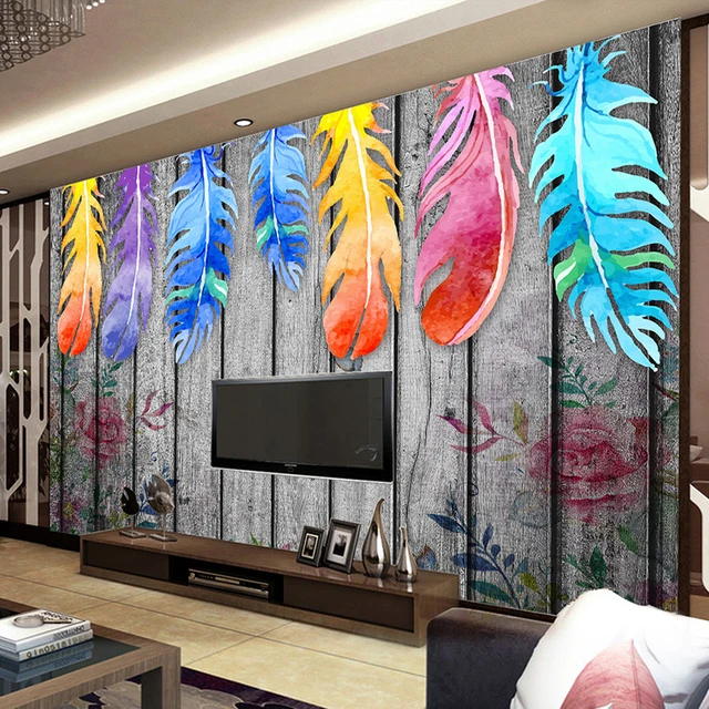 Custom Any Size Wall Murals Wallpaper Modern Hand Painted Wood Custom Any Size Wall Murals Wallpaper Modern Hand Painted Wood Board Colored Feathers Abstract Art