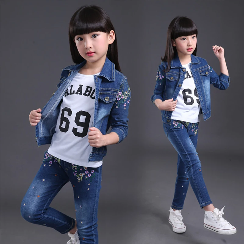 

ideacherry Brand Korean Version New Children Girls Cowboy Leisure Suit Girls Floral Coats Pants Baby Denim Jackets Sets 2 PCS