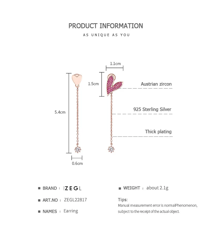ZEGL925 серебряные асимметричные серьги в форме сердца женские темпераментные серьги простые серьги