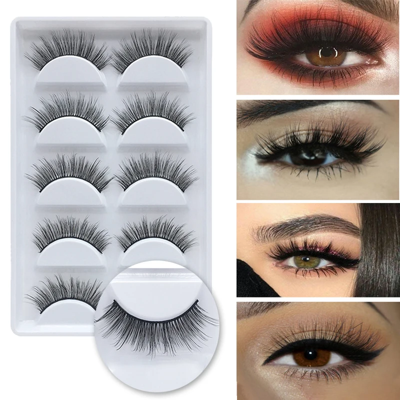 

5 Pairs 3D Mink Hair False Plastic Cotton Stalk Eyelashes Natural/Thick Long Eye Lashes Wispy Made Extension Makeup Beauty Tools
