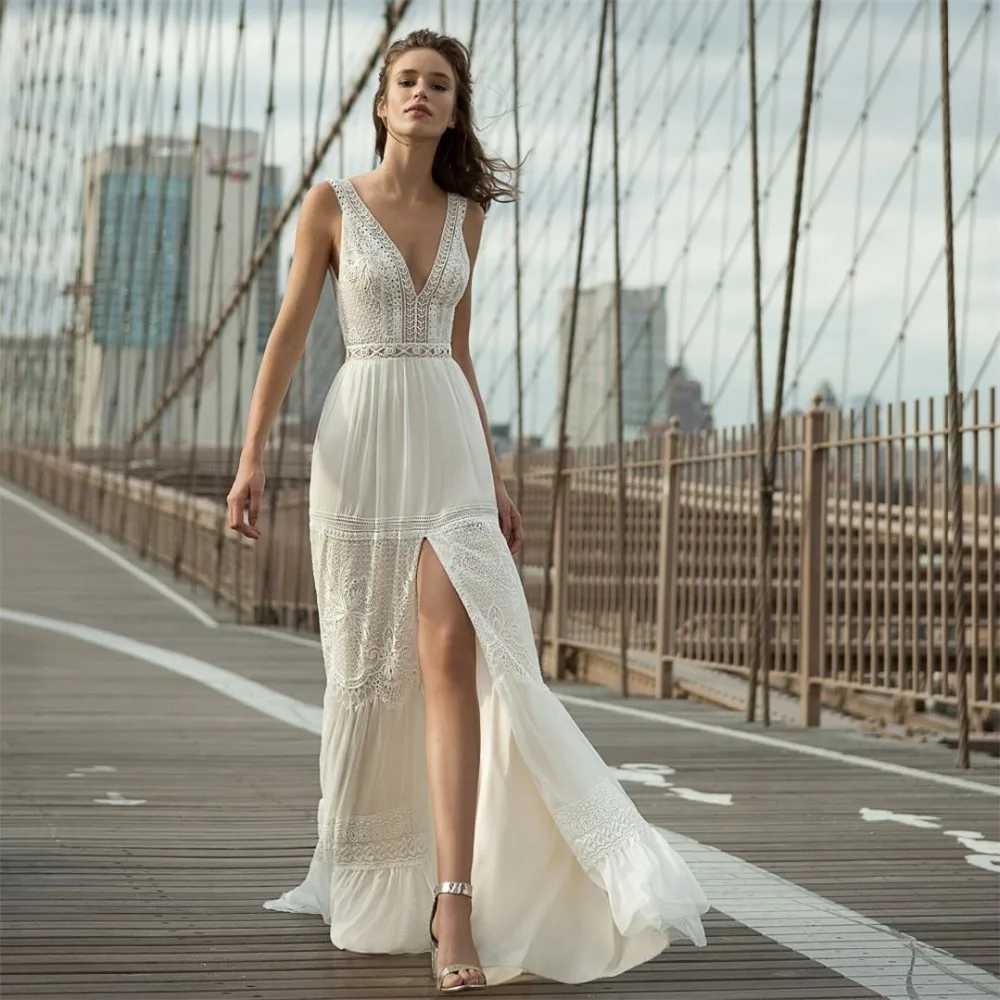 

Sexy Backless Beach Wedding Dress 2019 V Neck Lace Front Split Boho Bridal Gowns Vestido De Novia