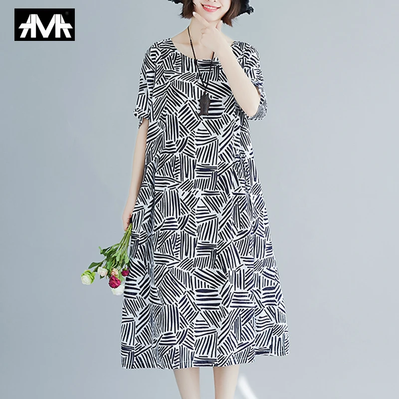 

2019 Summer Women's Dress Korean Style Striped Cotton and linen Plus size Femme Dresses Fashion Casual summer Beach Sundress