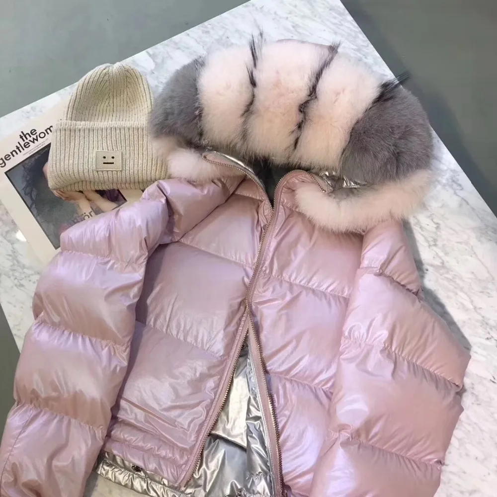 England style 2018 winter new women real fur coat natural fox fur collar loose hooded short coat sliver white duck down jacket