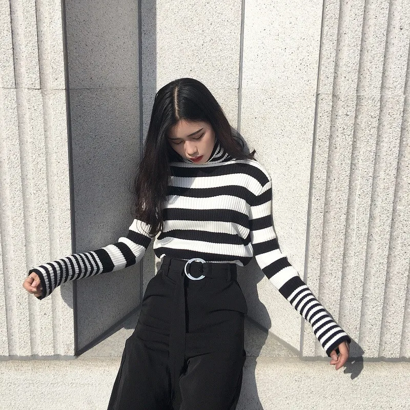 Осень зима черный белый полосатый свитер Корейская мода Mujer Sueter тонкий дикий винтажный пуловер 75637