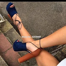 ALMUDENA/Лидер продаж; женские босоножки на высоком толстом каблуке; синие замшевые модельные туфли на платформе со шнуровкой и открытым носком; туфли-лодочки для торжеств