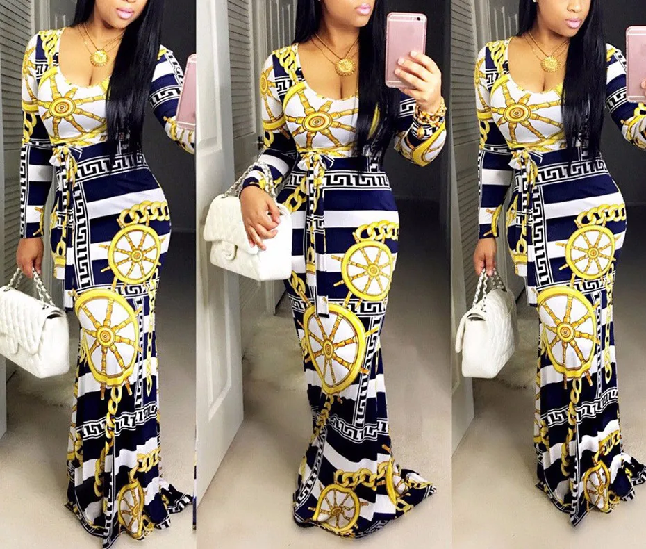 Kostlich 2016 Autumn Dress Sexy Women Long Sleeve Party Dresses Low O-Neck Print Long Dress Women Clothing Plus Size With Belt (19)