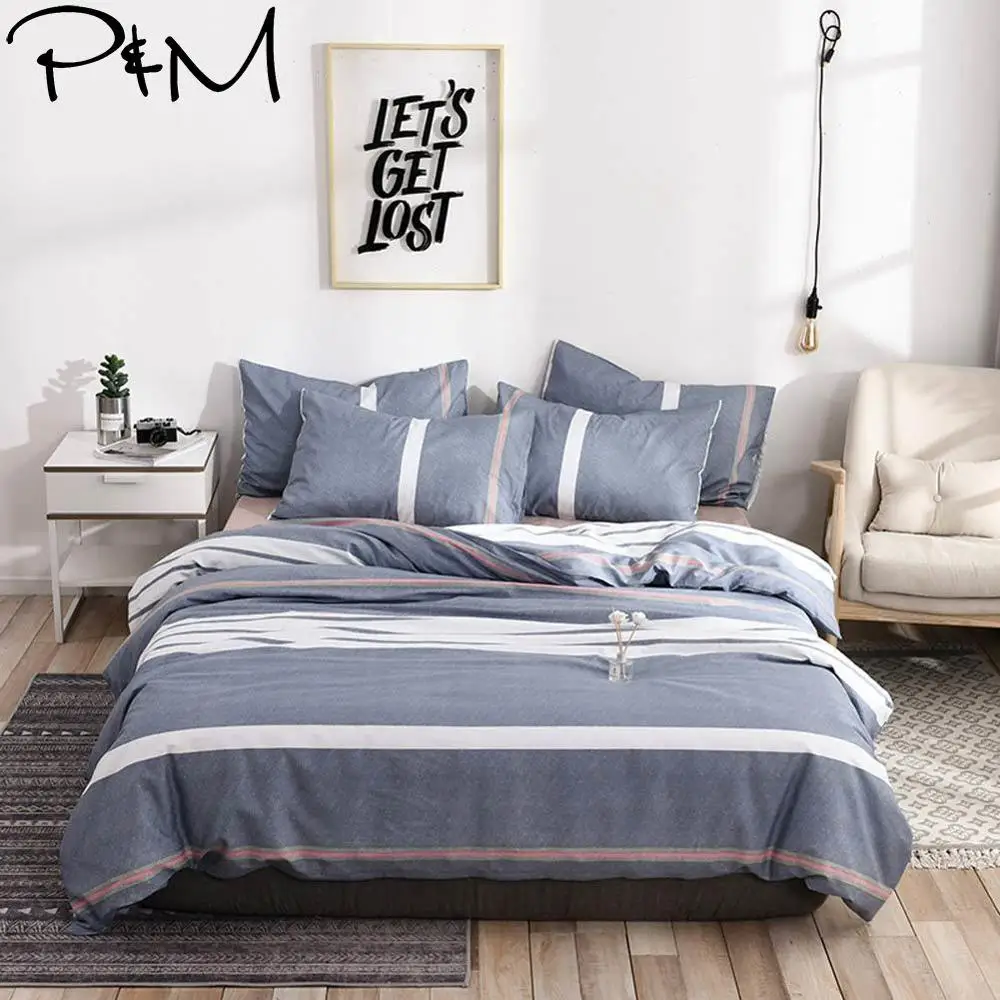 

2019 PAPA&MIMA Grey Preppy Stripes Scandinavian Duvet Cover Set Queen King Customize Size Cotton Bedlinens Bedding Sets